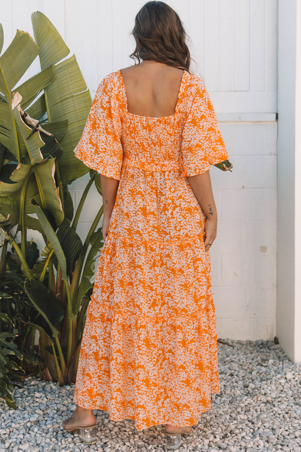Floral Smocked V-Neck Wide Sleeve Maxi Dress