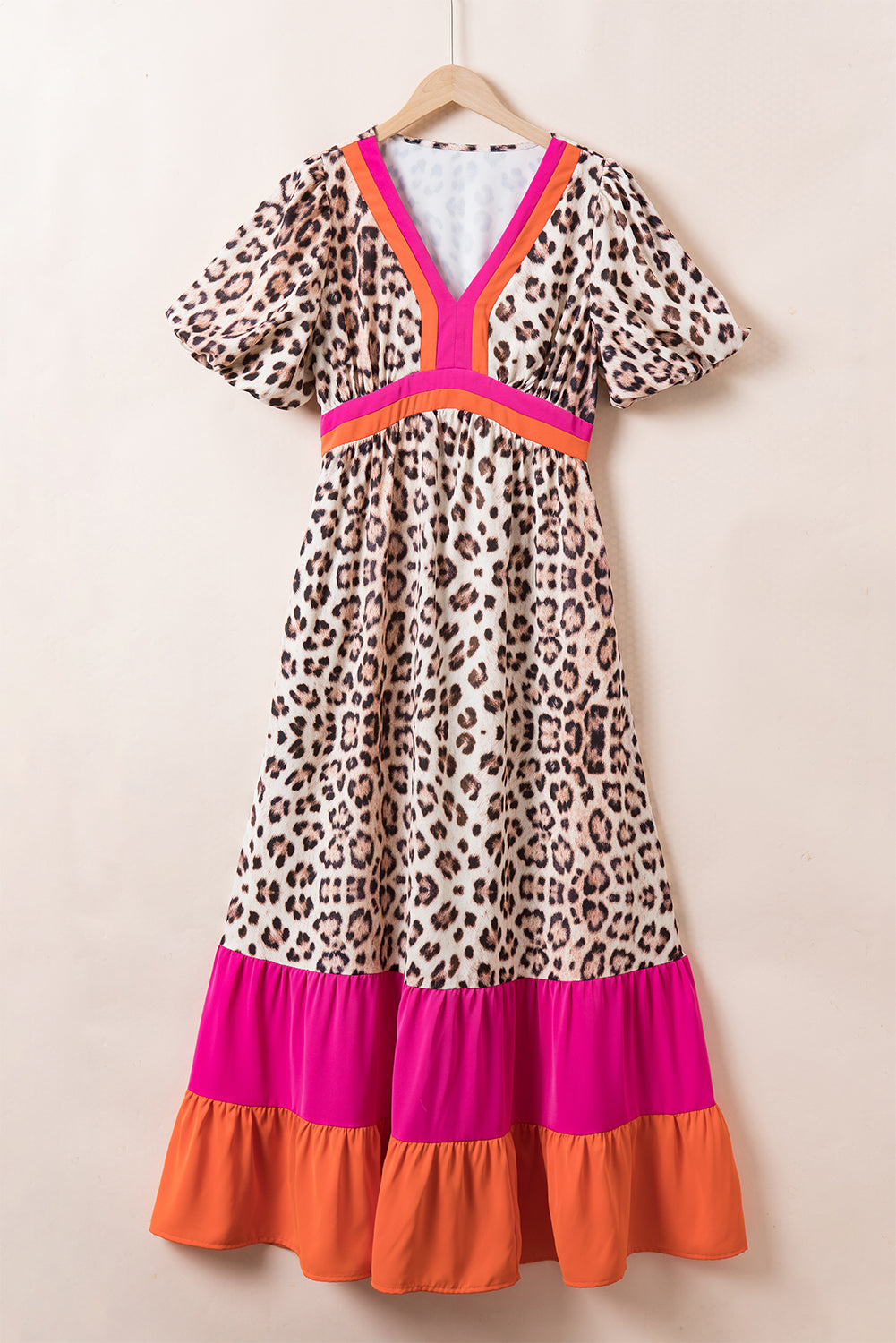 Leopard Colorblock Bubble Sleeve Maxi Dress