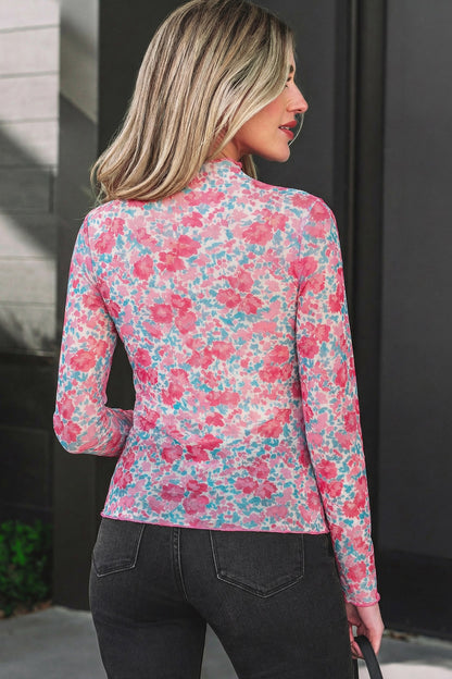 Floral Mesh Long Sleeve Mock Neck Top