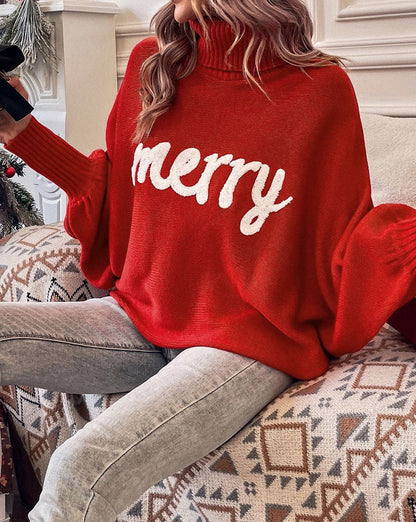 Embroidered Merry Turtleneck Sweater