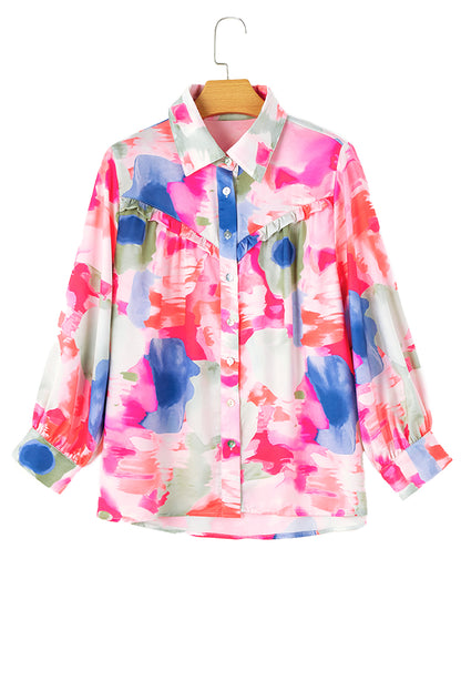 Abstract Lantern Sleeve Collared Shirt