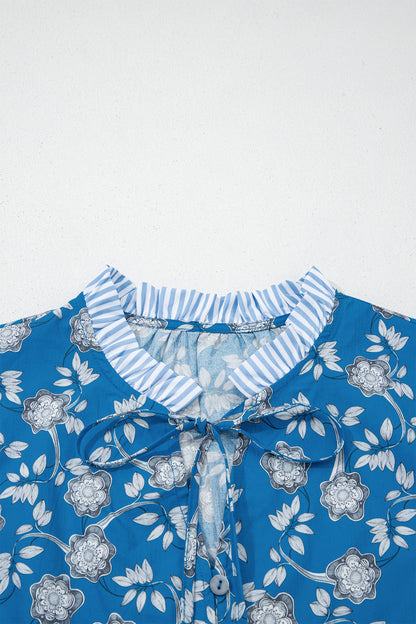 Floral Stripe Trim Tie-Neck Short Sleeve Blouse