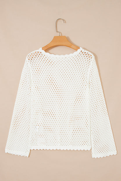 Scalloped Trim Hollow Out Knit Long Sleeve Top