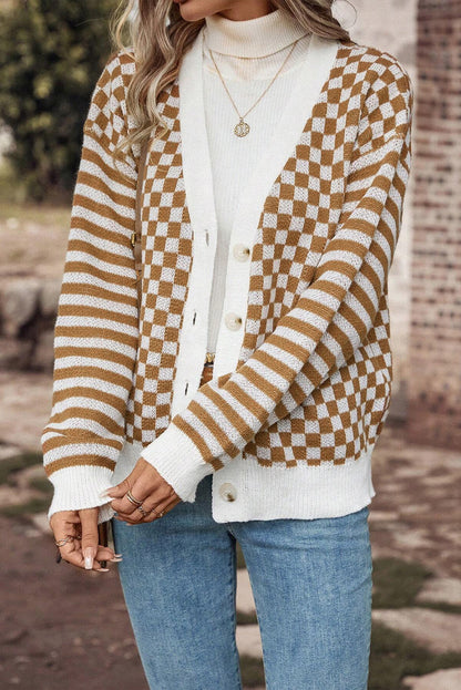 Checker Stripe Patchwork V-Neck Cardigan