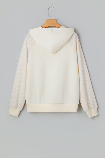 Solid Half-Zip Textured Patchwork Sleeve Hoodie