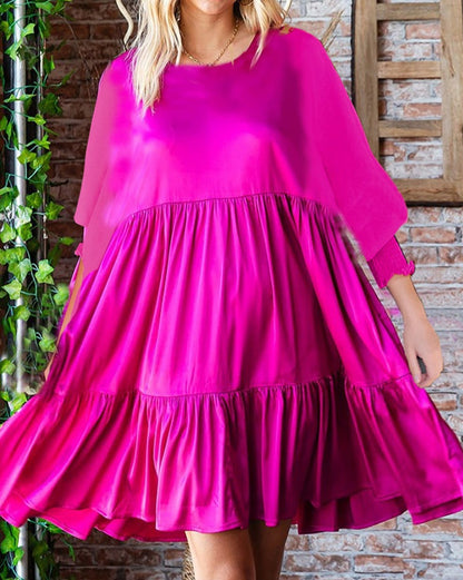 Satin Smocked 3/4 Sleeve Tiered Dress