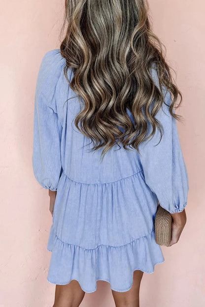 Chambray Puff Sleeve Ruffle Mini Dress