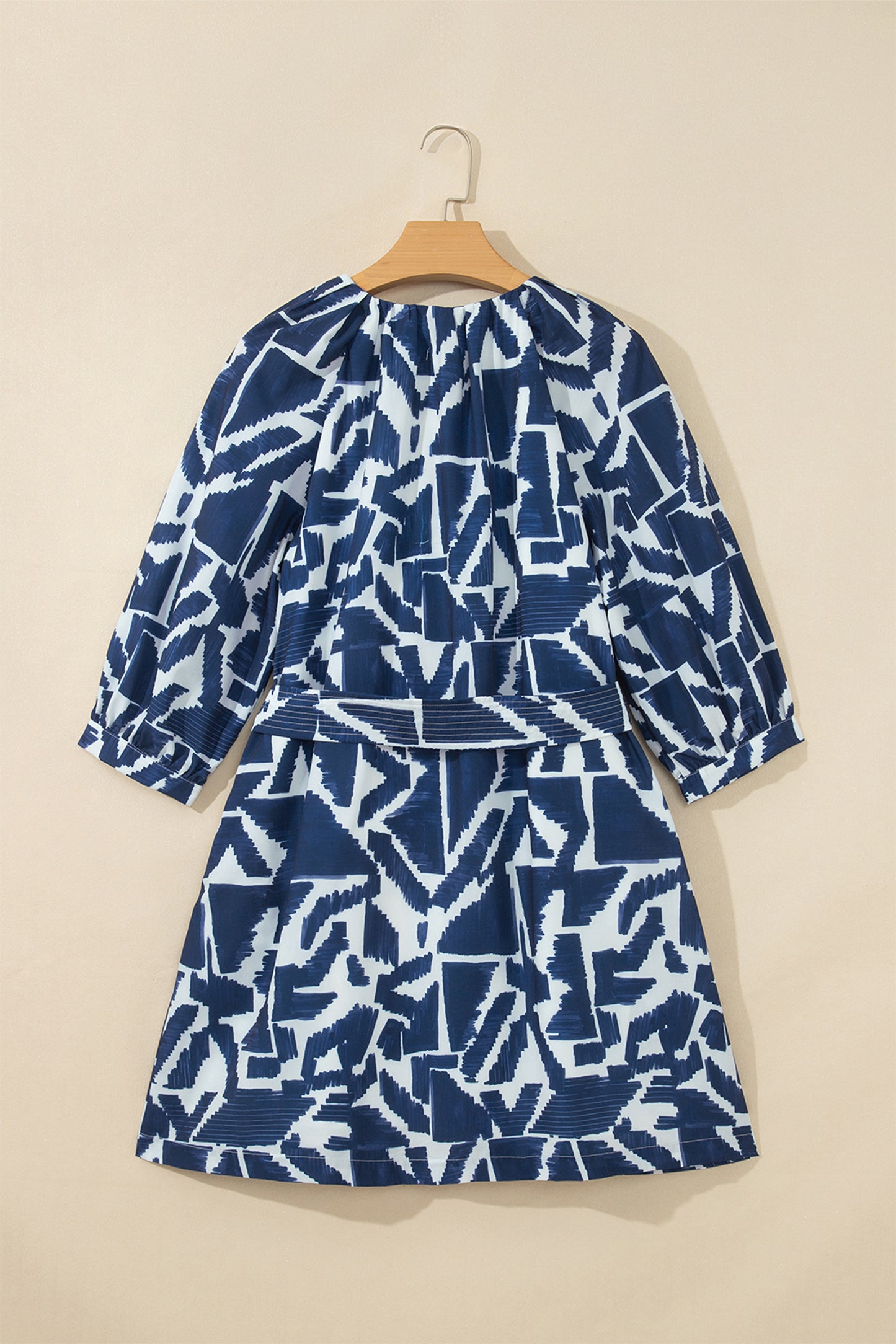 Abstract Geometric Zip Front Tie Waist Shift Dress
