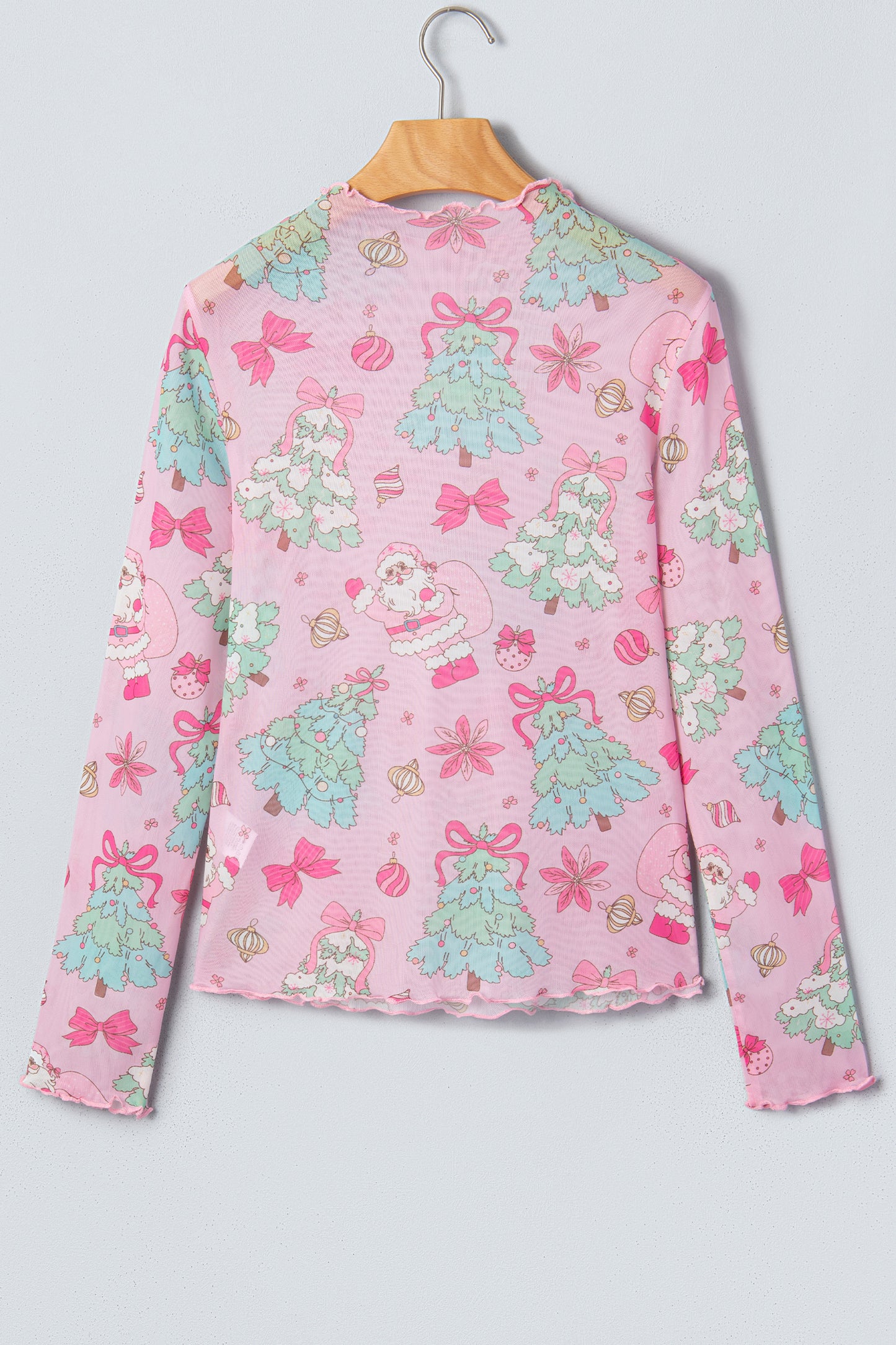 Christmas Mesh Lettuce Trim Long Sleeve Top