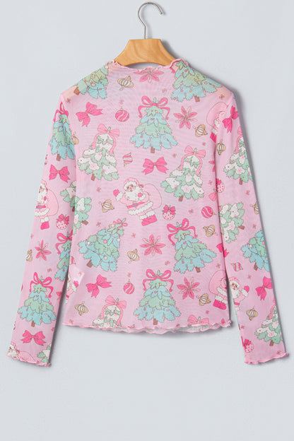 Christmas Mesh Lettuce Trim Long Sleeve Top