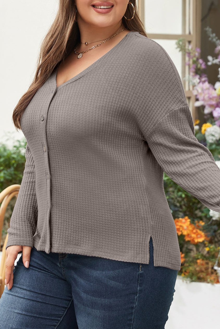 Plus Size Waflle Knit Buttoned V-Neck Top