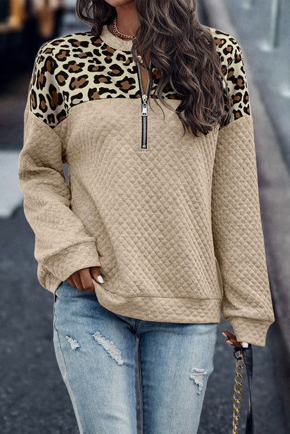 Leopard Colorblock Quilted Zip Sweatshirt