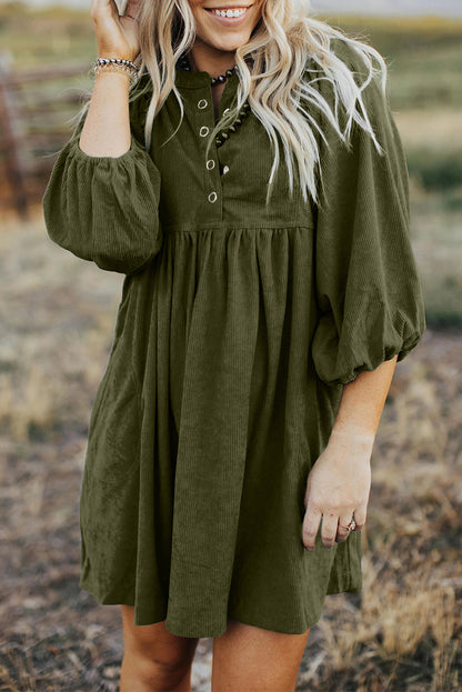 Corduroy Buttoned 3/4 Sleeve Dress