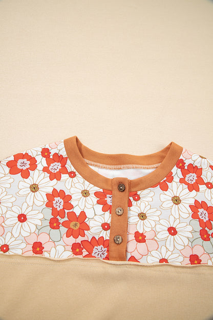 Floral Plaid Patchwork Long Sleeve Henley Top