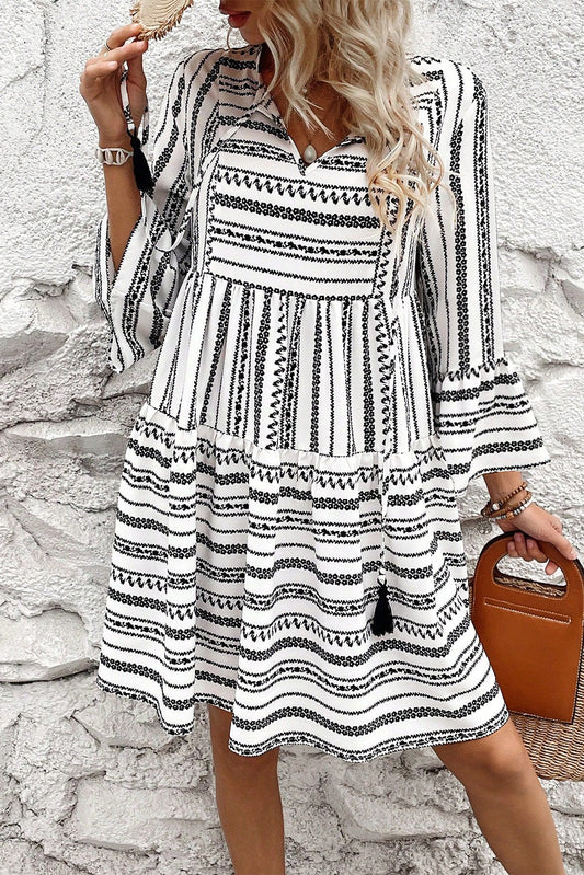 Stripe V-Neck Bell Sleeve Mini Dress