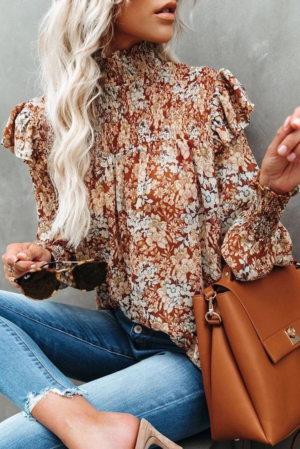 Floral Ruffle Smocked Turtleneck Blouse