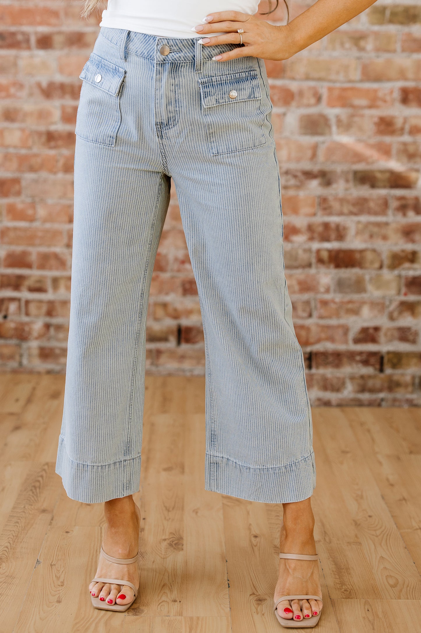 Stripe Denim Button Flap Pocket Cuffed Hem Jeans