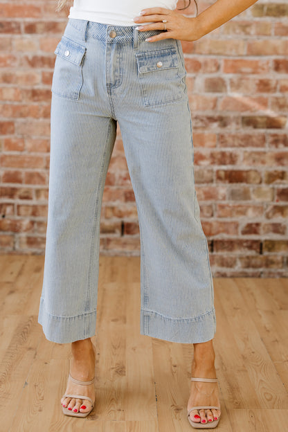 Stripe Denim Button Flap Pocket Cuffed Hem Jeans