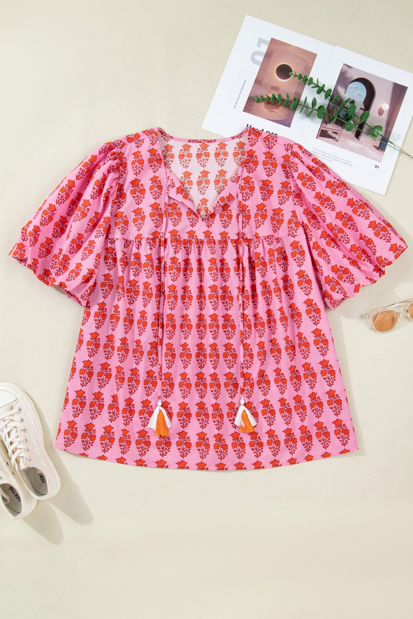 Plus Size Floral Tassel Tie Puff Sleeve Blouse