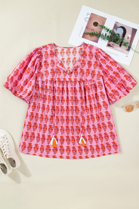Plus Size Floral Tassel Tie Puff Sleeve Blouse