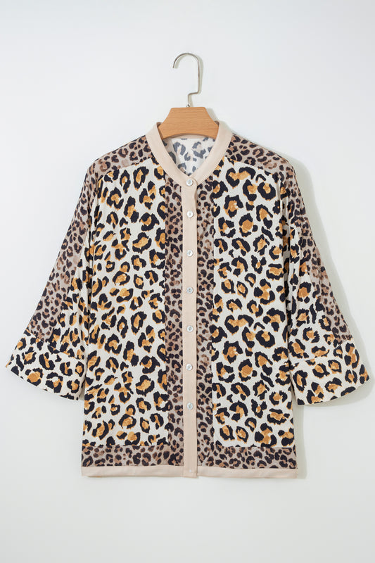 Leopard Patchwork 3/4 Sleeve Buttoned Shirt