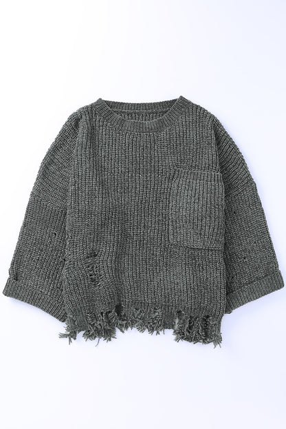 Distressed Pocketed Chunky Pullover Sweater