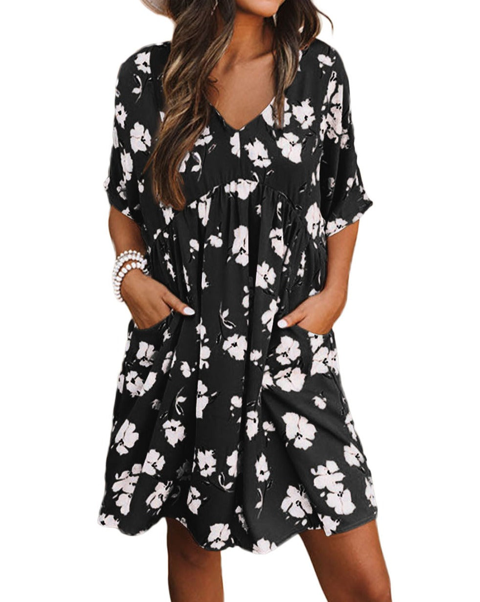 Floral 3/4 Sleeve Pocketed Babydoll Dress