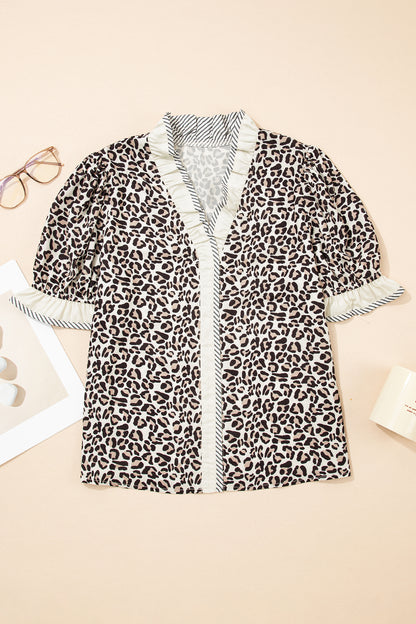 Leopard Colorblock Stripe V-Neck Short Sleeve Blouse