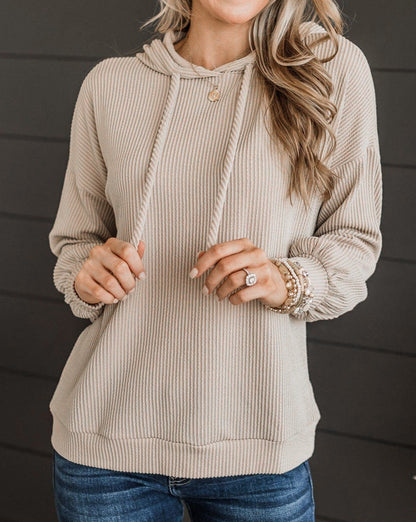 Ribbed Drop Shoulder Drawstring Hoodie