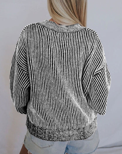 Stripe Ribbed Round Neck Sweater