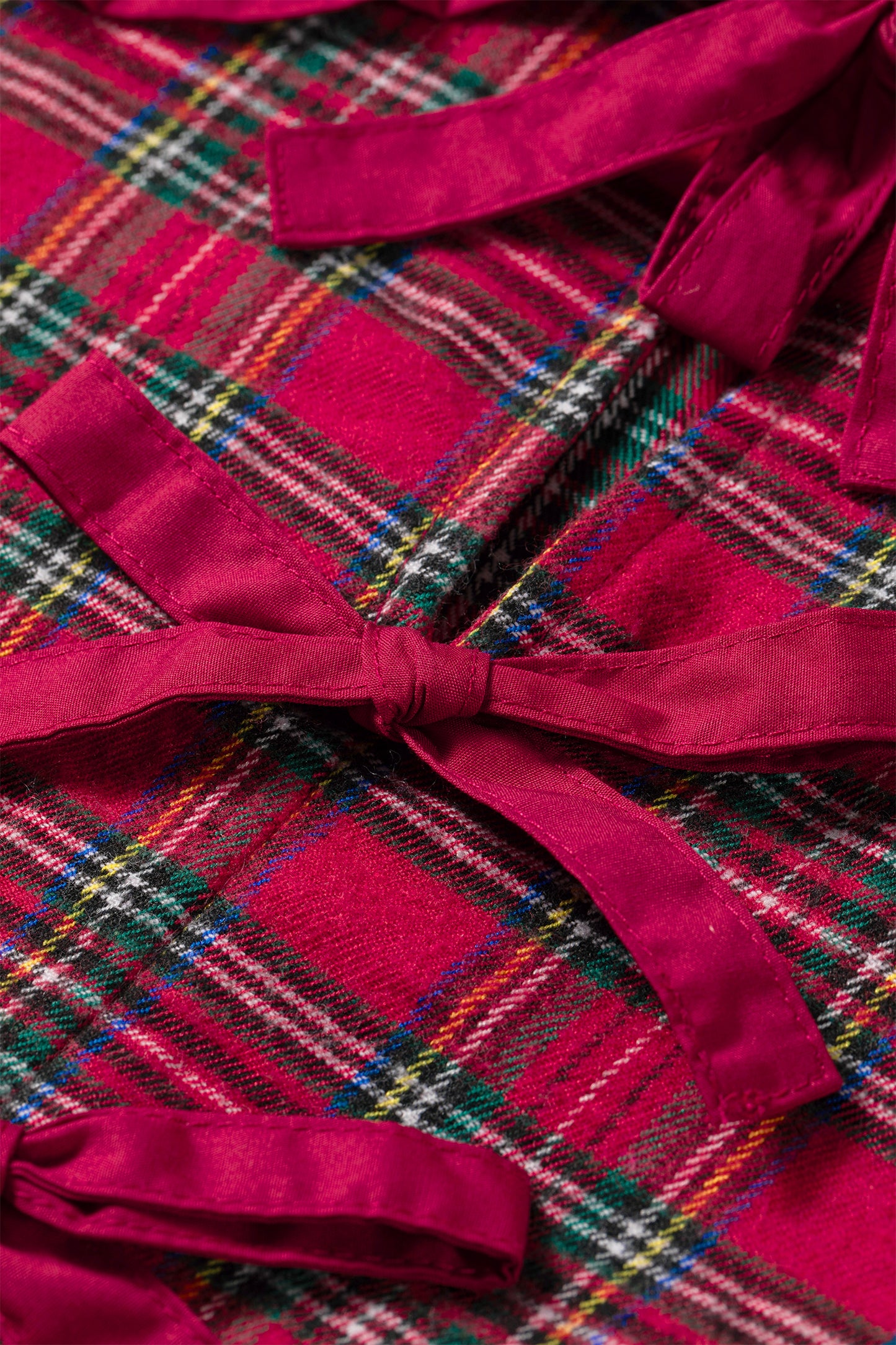 Plaid Collared Bow Tie Ruffle Long Sleeve Blouse