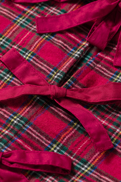 Plaid Collared Bow Tie Ruffle Long Sleeve Blouse