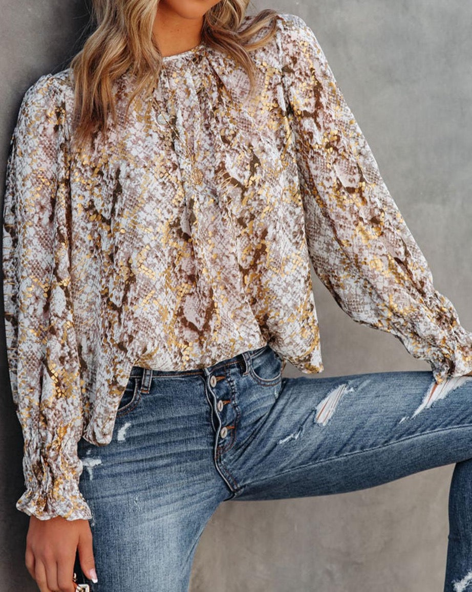 Metallic Snakeskin Bishop Sleeve Blouse