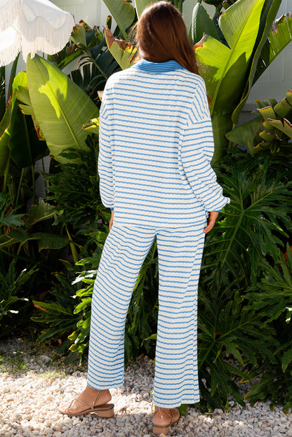 Stripe Collared Top and Drawstring Pants Set
