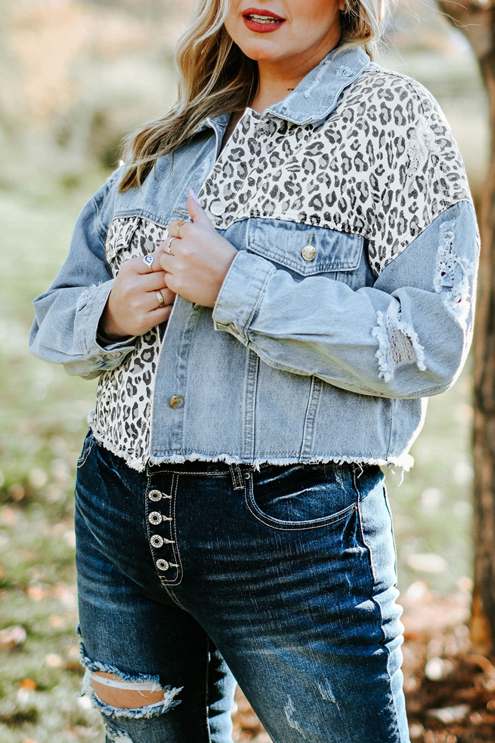 Plus Size Leopard Denim Cropped Jacket