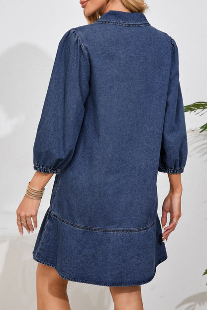 Denim Collared V-Neck Chest Pocket Dress