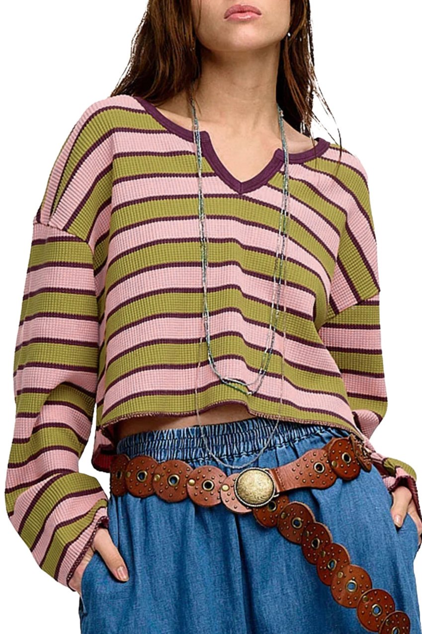 Stripe Waffle Knit Long Sleeve Top