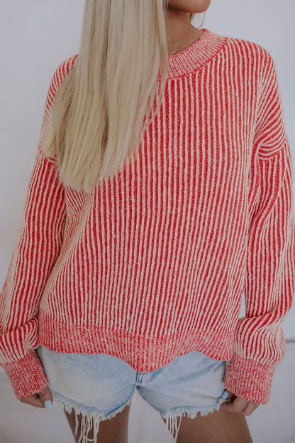 Stripe Ribbed Round Neck Sweater