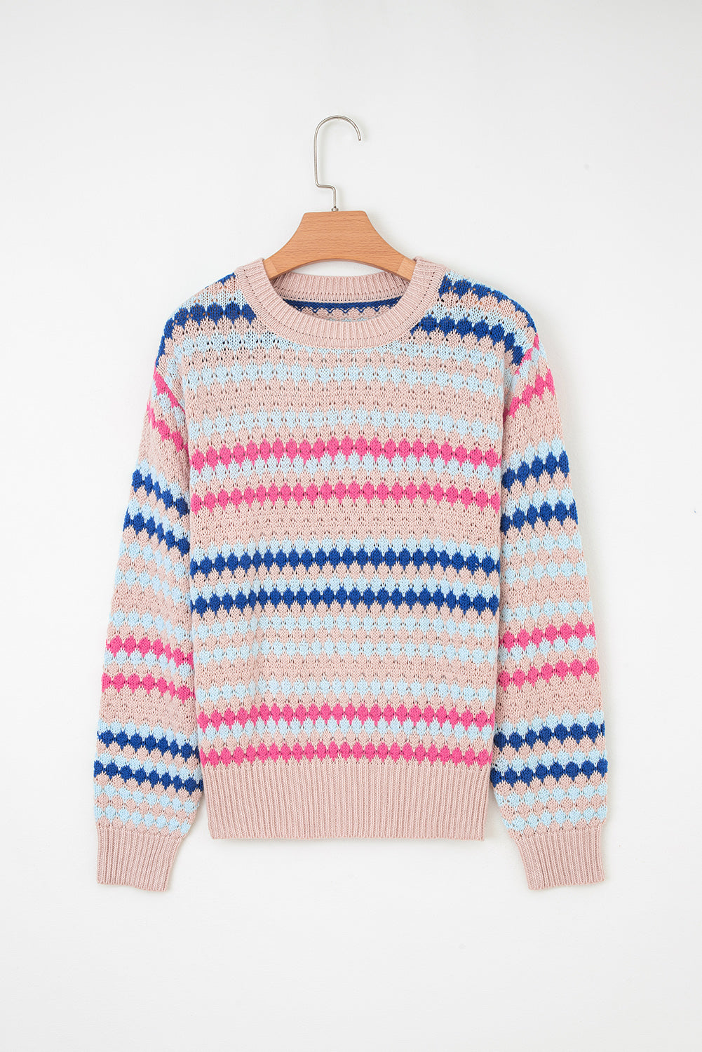 Stripe Eyelet Knit Drop Shoulder Sweater