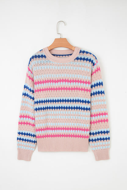 Stripe Eyelet Knit Drop Shoulder Sweater