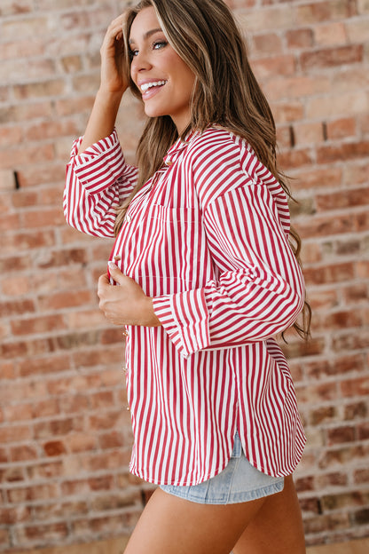Stripe Patch Pocket Side Slit Buttoned Shirt