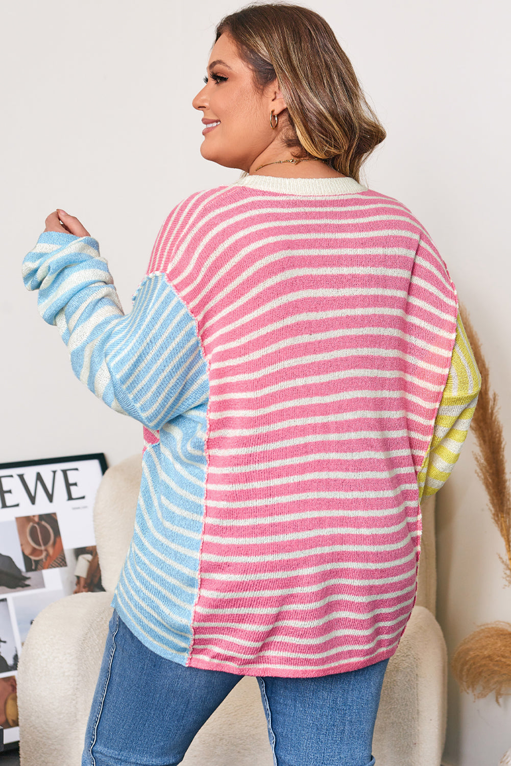 Plus Size Stripe Reverse Seam Colorblock Sweater