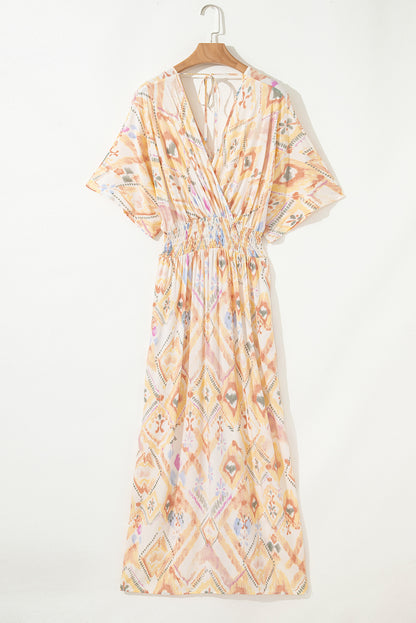 Geometric 3/4 Sleeve Shirred Maxi Dress