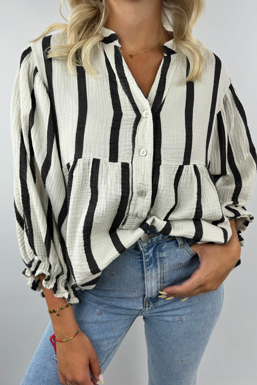 Stripe Ruffle Sleeve Buttoned Shirt