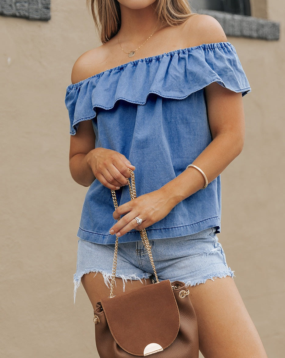 Denim Ruffle Off Shoulder Top