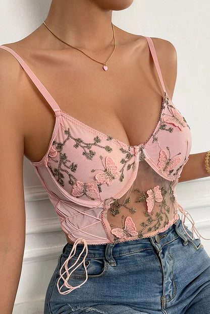 Embroidered Butterfly Mesh Bustier Bralette