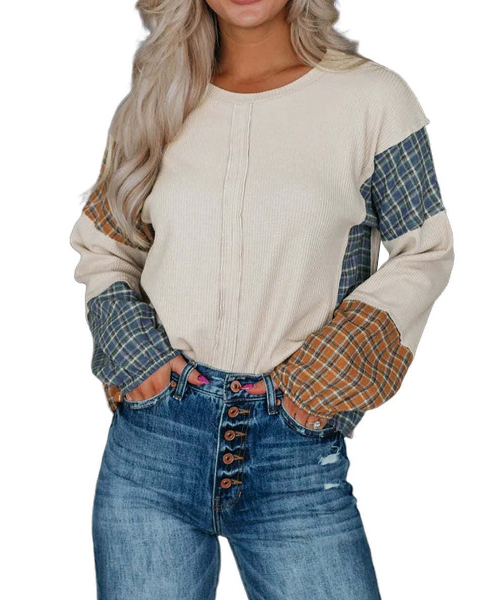 Plaid Colorblock Raw Seam Top