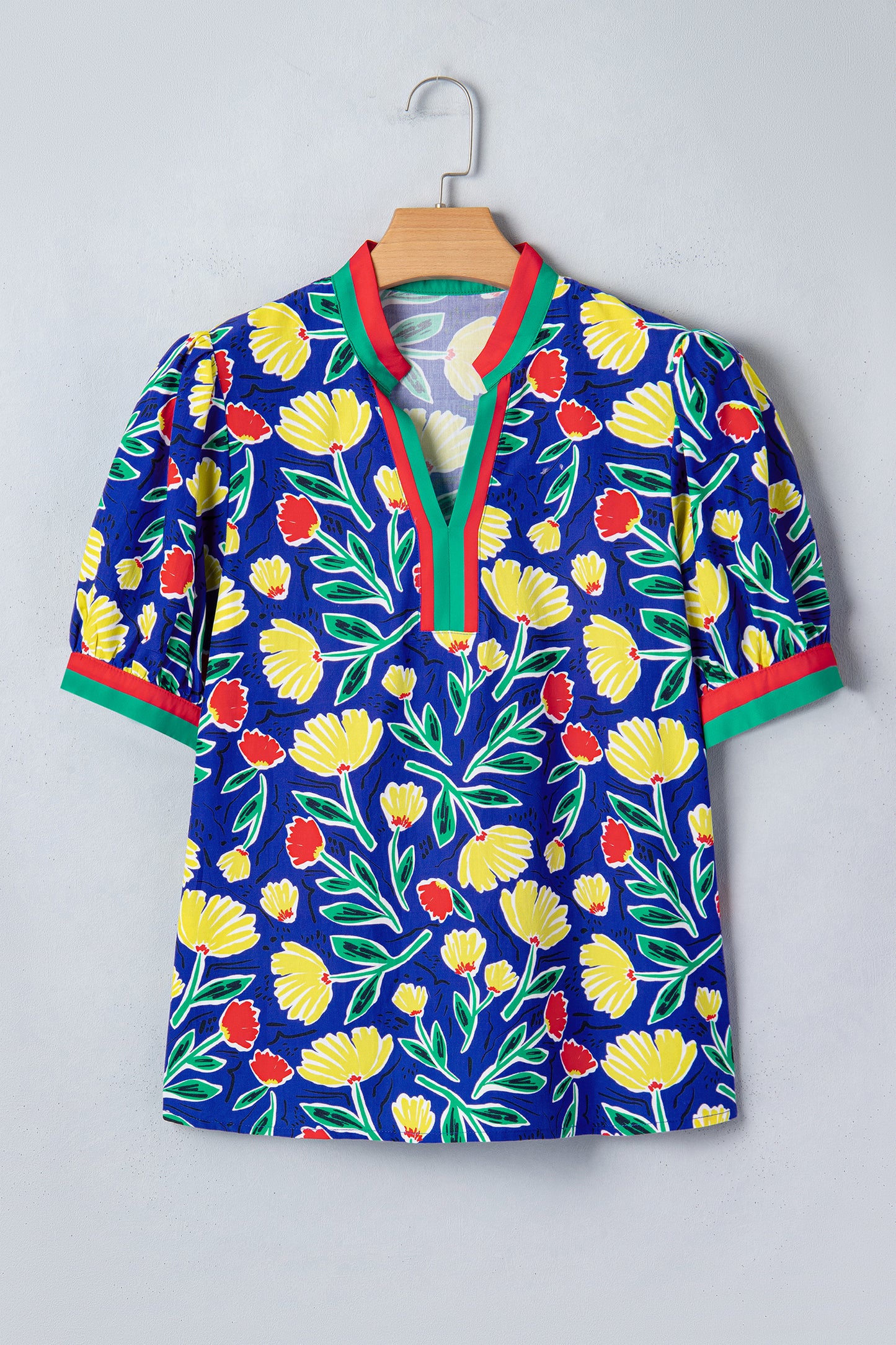 Floral Stripe Patchwork V-Neck Short Sleeve Blouse