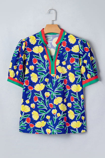Floral Stripe Patchwork V-Neck Short Sleeve Blouse