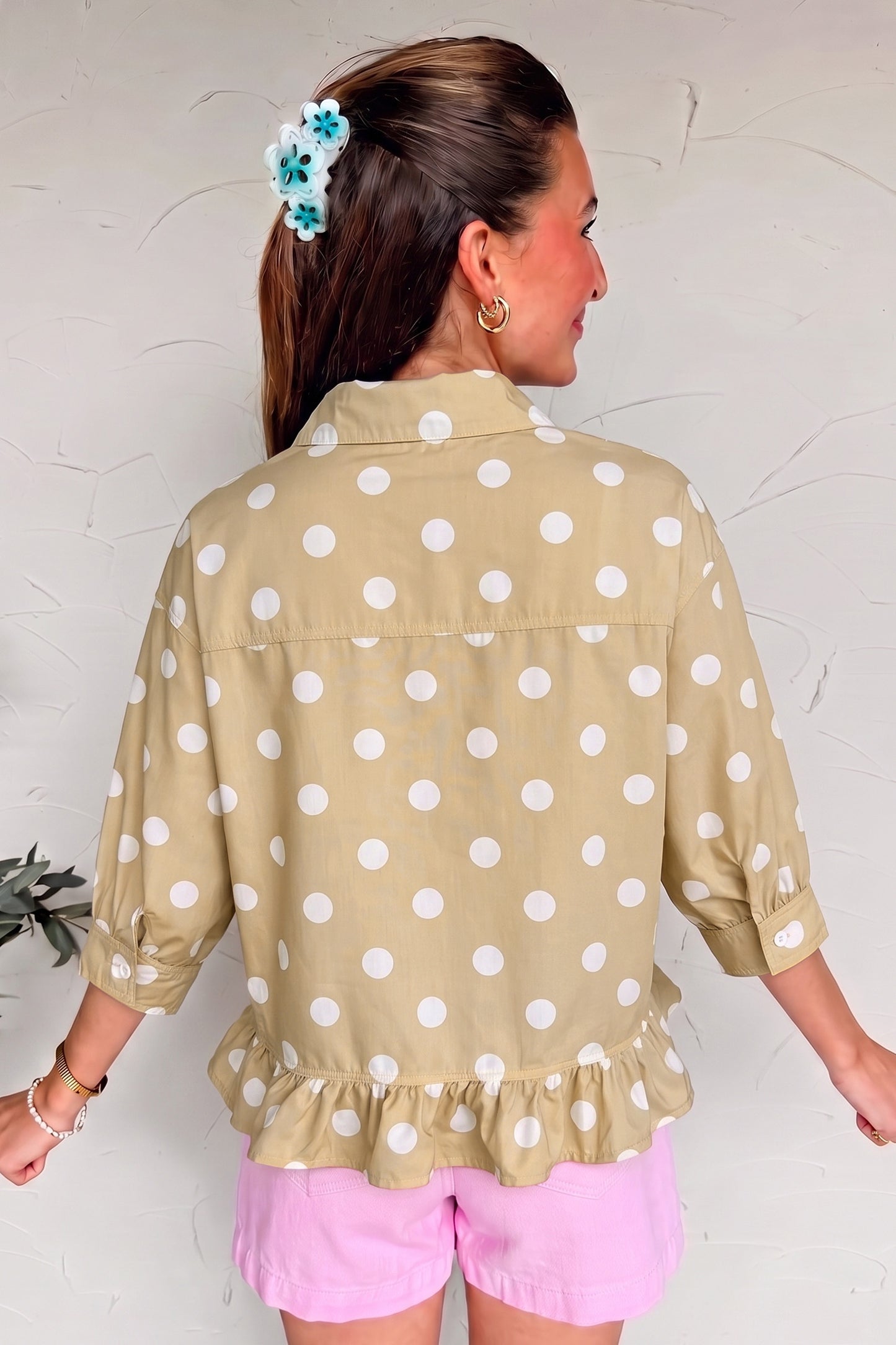 Polka Dot 3/4 Sleeve Ruffle Hem Shirt